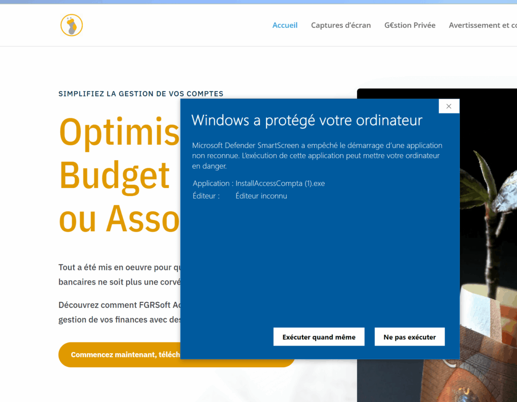 Blocage SmartScreen, procédure d'installation, exécuter quand même